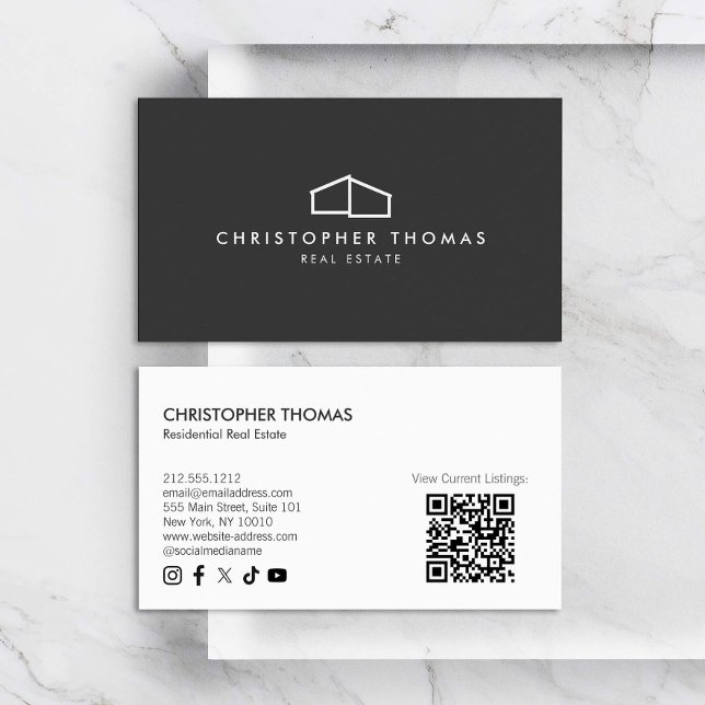 Modern Home Logo Real Estate Dark Gray QR code Business Card (Creator Uploaded)