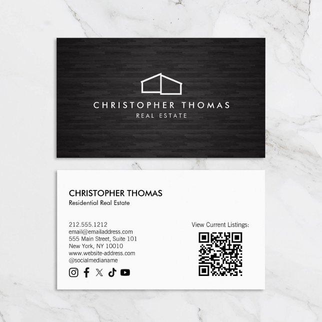 Modern Home Logo Real Estate Dark Wood QR code Business Card (Creator Uploaded)