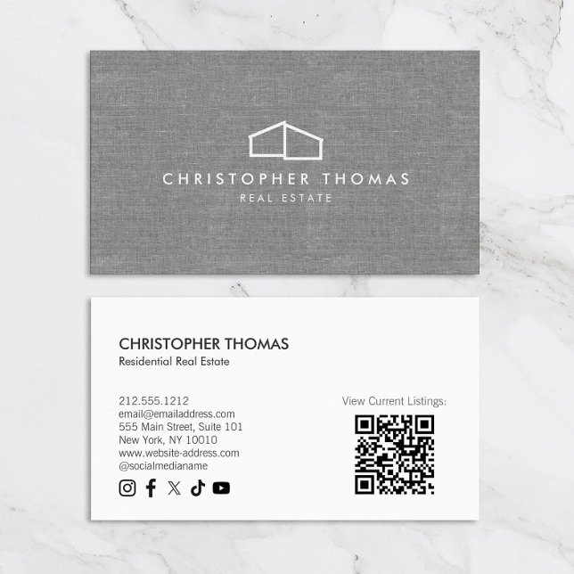 Modern Home Logo Real Estate Gray Linen QR code Business Card (Creator Uploaded)