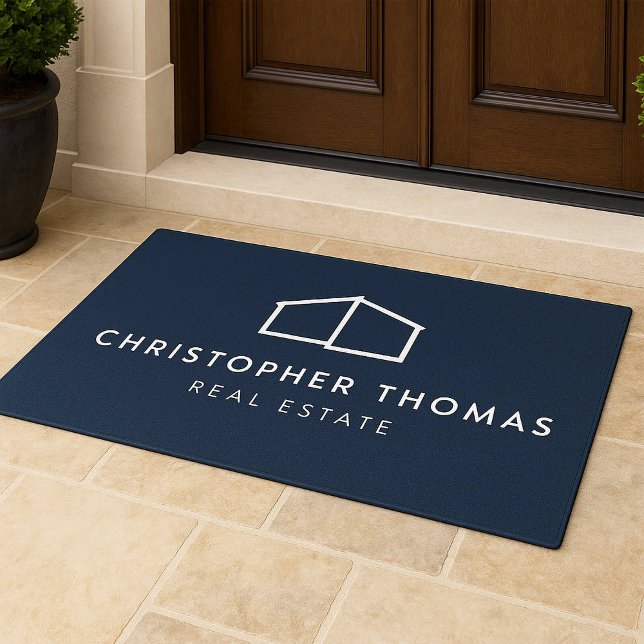 Modern Home Logo Real Estate Navy Blue Doormat (Creator Uploaded)