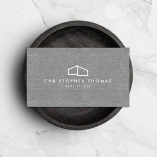 Modern Home Logo Real Estate, Realtor Gray Linen Business Card