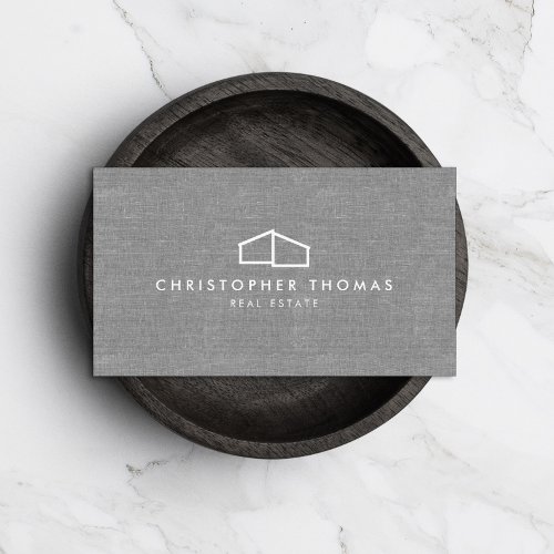 Modern Home Logo Real Estate Realtor Gray Linen Business Card