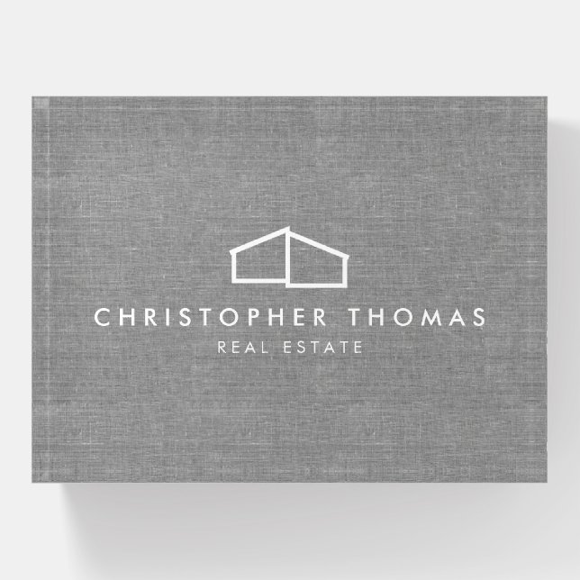 Modern Home Logo Real Estate, Realtor Gray Linen Paperweight (Front)