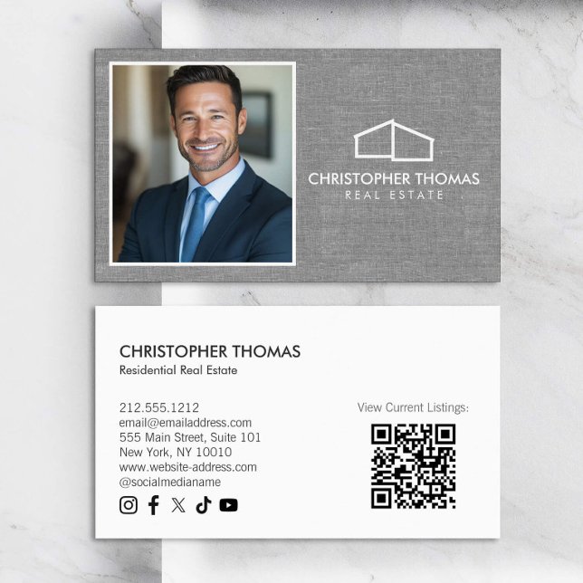 Modern Home Logo Realtor Photo Gray Linen Business Card (Creator Uploaded)