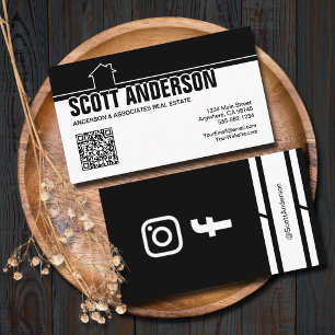 Modern Home Logo Social Media QR Code Black Business Card