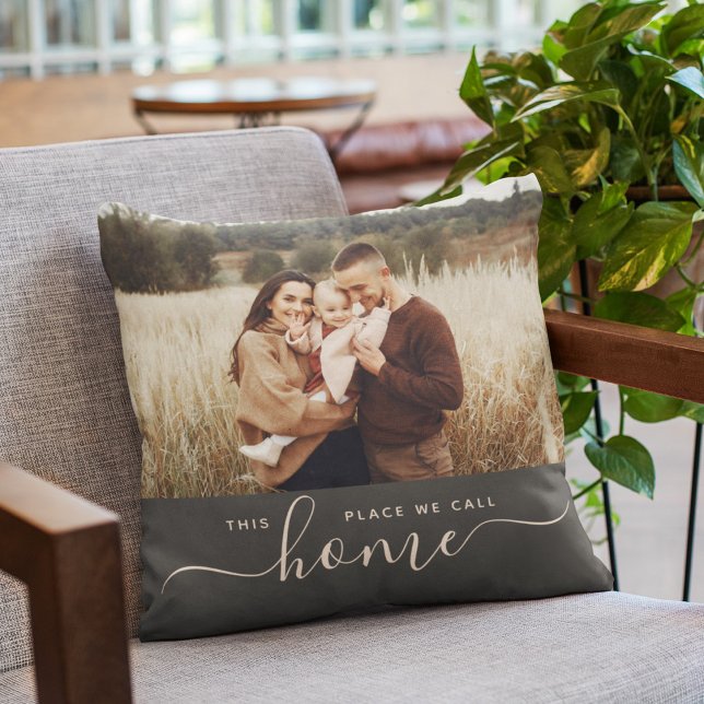 Modern Home Simple Script Photo Charcoal Throw Pillow ("home sweet home" - lovely addition to your cozy abode)