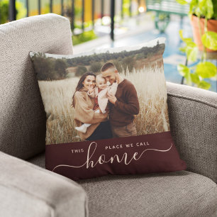 Modern Home Simple Script Photo Sangria Red Throw Pillow