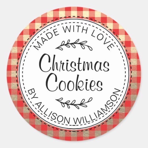Modern Homemade Christmas Cookies Red Check Gold Classic Round Sticker