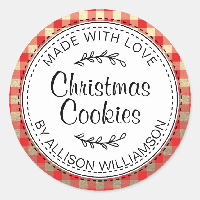 Modern Homemade Christmas Cookies Red Check Gold Classic Round Sticker (Front)