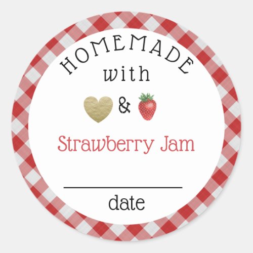 Modern Homemade Strawberry Jam Gingham Classic Round Sticker