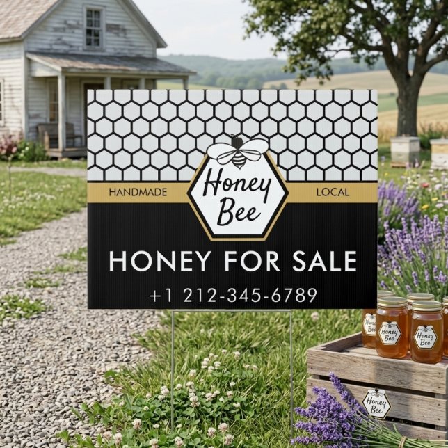 Modern Honey Bee Apiary Honeycomb Black Yellow Sign (Modern Honey Bee Apiary Honeycomb Black Yellow Sign)