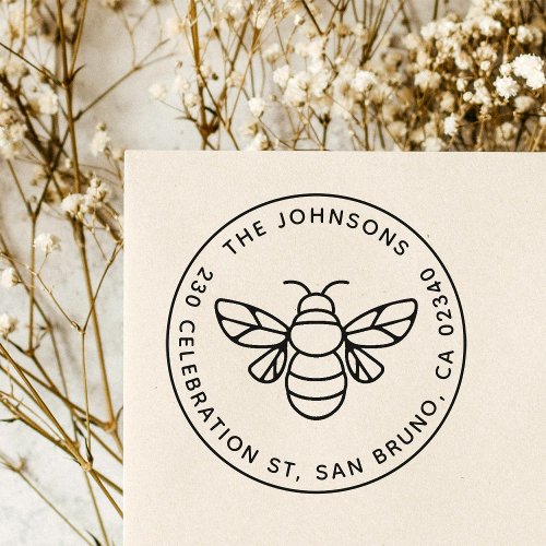 Modern Honey Bee Family Name Round Return Address Rubber Stamp