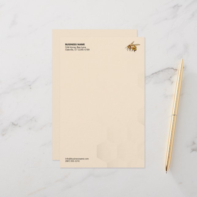 Modern Honey Bee Logo Honeycomb Watermark Stationery (Front/Back In Situ)