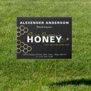 Modern Honey Bees Gold Honeycomb Black Sign