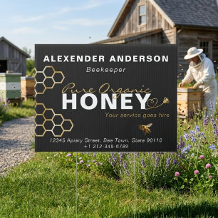 Modern Honey Bees Gold Honeycomb Black Sign