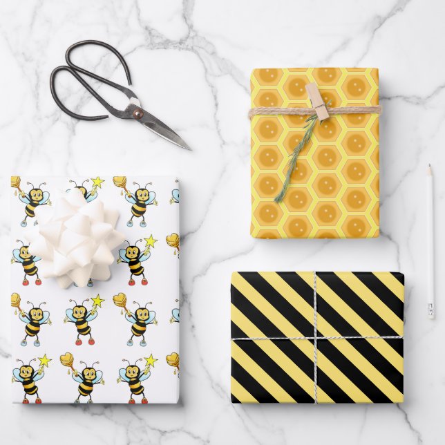 Modern Honey Bees with Heart & Honeycomb Pattern Wrapping Paper Sheets (Front)