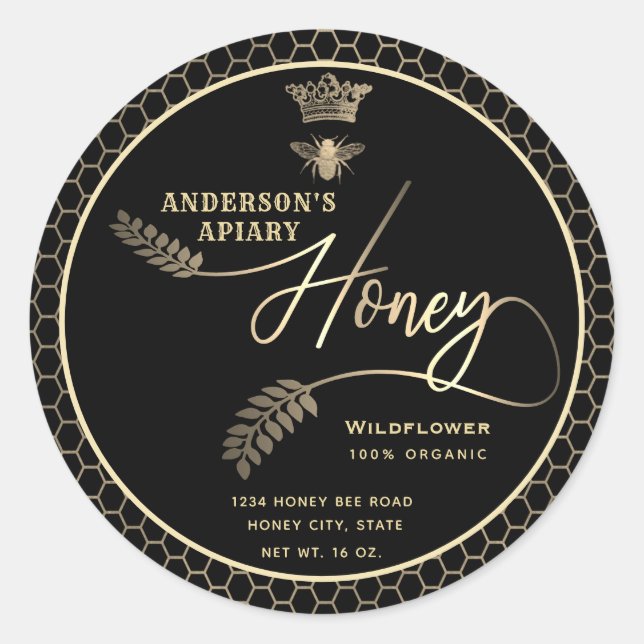 Modern honey jar branch script queen bee   classic round sticker (Front)