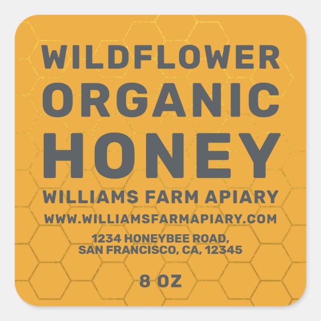 Modern Honey Jar Label Honeybee Apiary Yellow (Front)