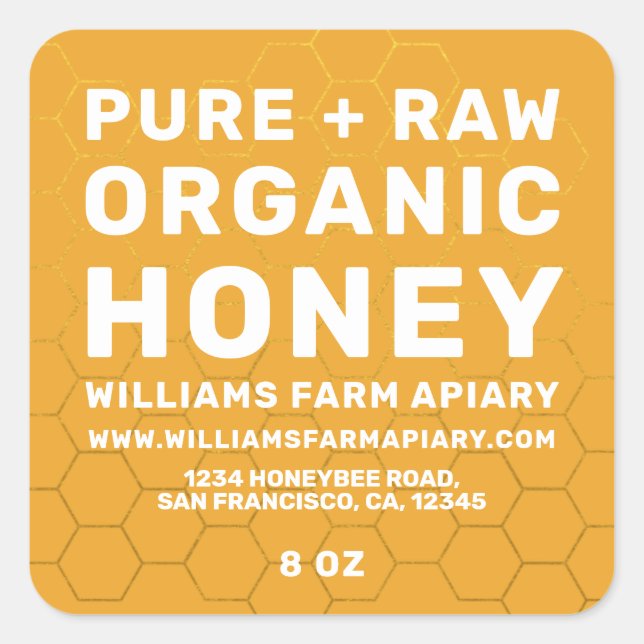 Modern Honey Jar Label Honeybee Apiary Yellow (Front)