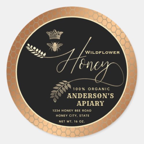 Modern honey jar  script queen bee   classic round sticker