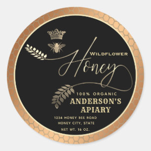 Modern honey jar  script queen bee   classic round sticker