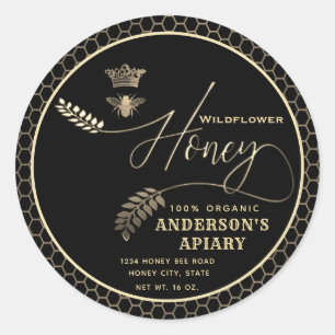 Modern honey jar  script queen bee   classic round sticker