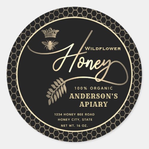 Modern honey jar  script queen bee   classic round sticker