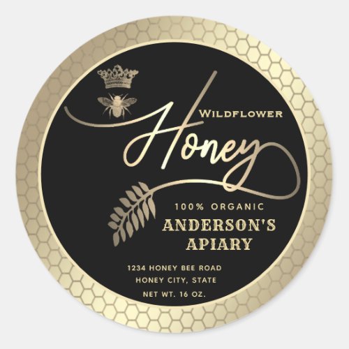 Modern honey jar  script queen bee   classic round sticker