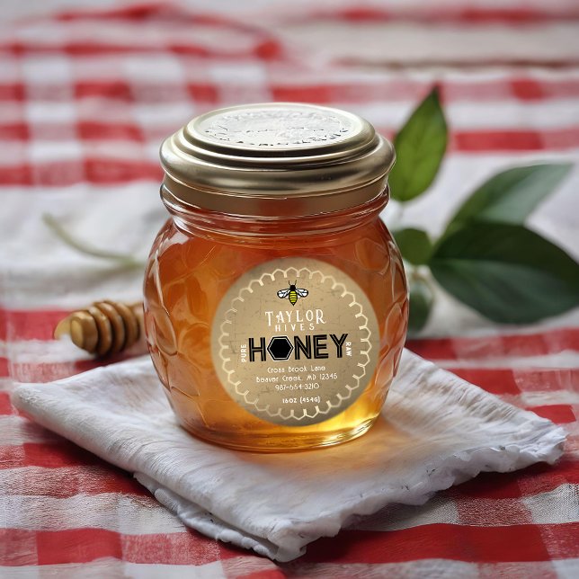 Modern Honey Label with Hexagon Border and Bee (Creator Uploaded)