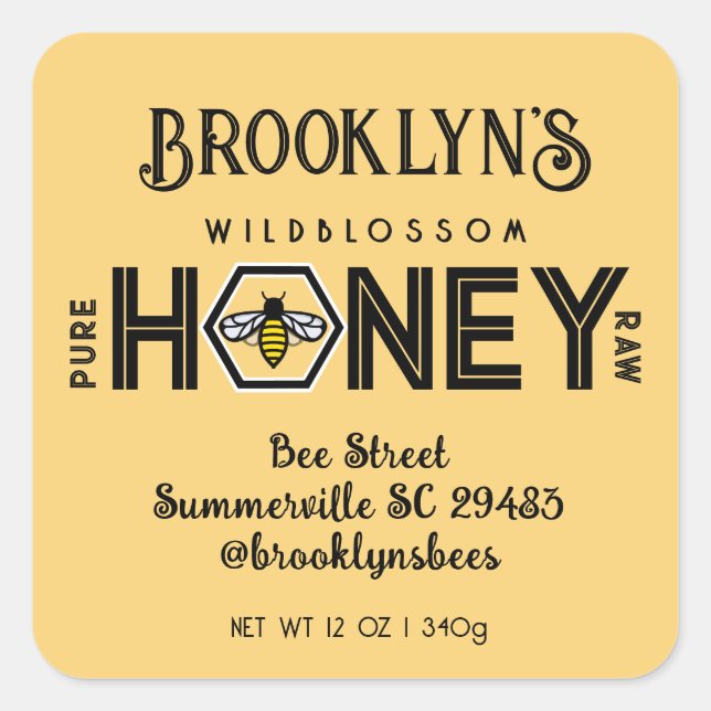 Modern Honey Label with Hexagon Border and Bee (Front)
