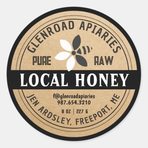 Modern Honey Stylized Flower Bee Kraft Black Classic Round Sticker