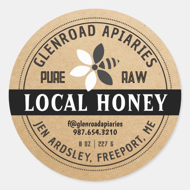 Modern Honey Stylized Flower Bee Kraft Black Classic Round Sticker (Front)