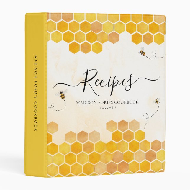Modern Honeycomb Bumble Honey Bee Yellow Recipe Mini Binder (Front/Spine)
