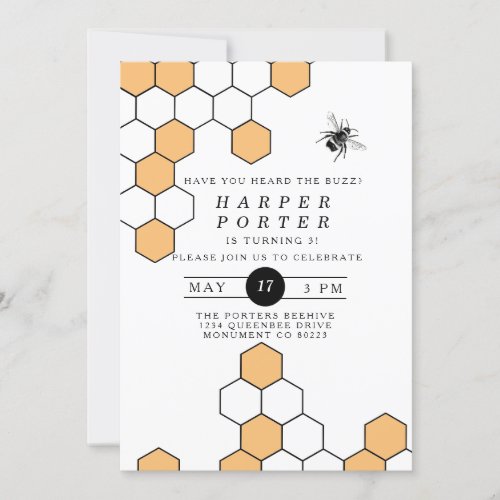 Modern Honeycomb  Bumblebee Birthday Party Invitation