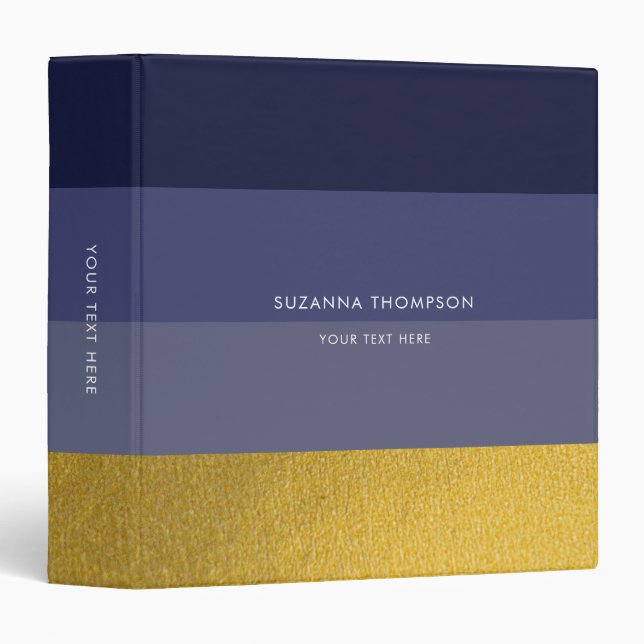 Modern Horizontal Stripe Navy Blue & Gold Foil 3 Ring Binder (Front/Spine)