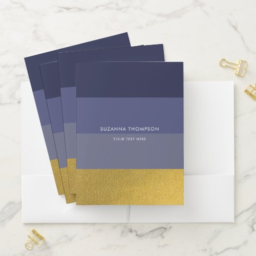 Modern Horizontal Stripe Navy Blue  Gold Foil Pocket Folder