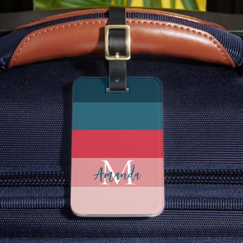 Modern Horizontal Stripe Pink  Blue Monogram Luggage Tag