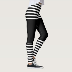 Modern Horizontal Stripes Custom Name Sporty Leggings