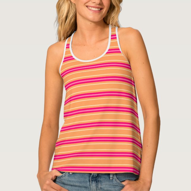 Modern Horizontal Stripes, Fuchsia Pink & Orange Tank Top (Front)