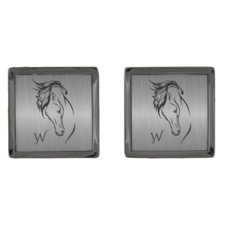 Modern Horse Head Monogram Initials Gray Metallic
