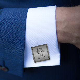 Modern Horse Head Monogram Initials Gray Metallic Cufflinks