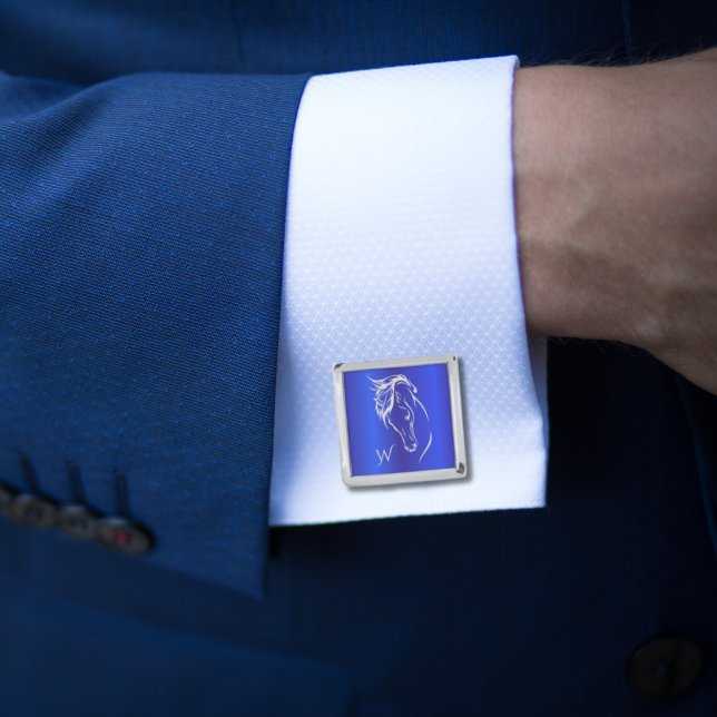 Modern Horse Head Monogram Initials Sapphire Blue Cufflinks (Creator Uploaded)