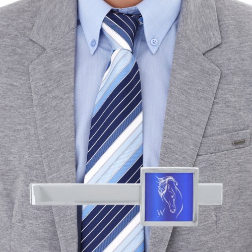 Modern Horse Head Monogram Initials Sapphire Blue Silver Finish Tie Bar