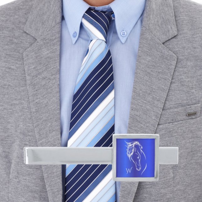 Modern Horse Head Monogram Initials Sapphire Blue Silver Finish Tie Bar (Creator Uploaded)