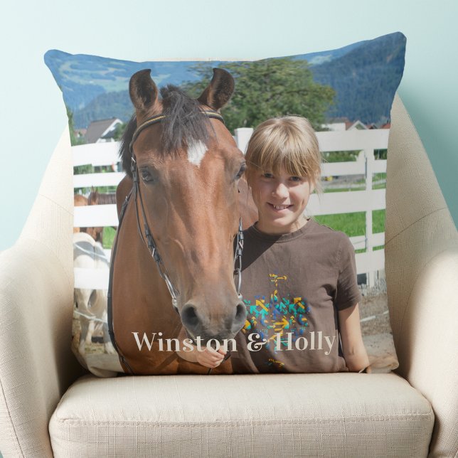 Modern Horse Lover Personalized Simple 2 Picture  Throw Pillow (Creator Uploaded)