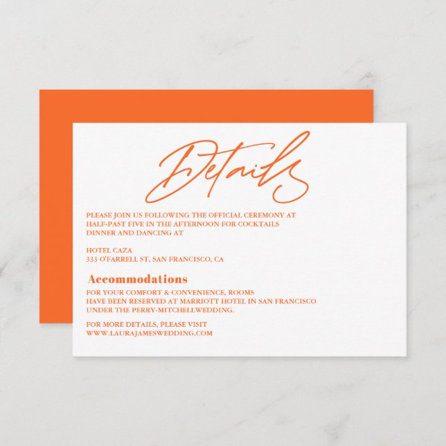 Modern hot Orange colorful wedding Enclosure Card (Front/Back)