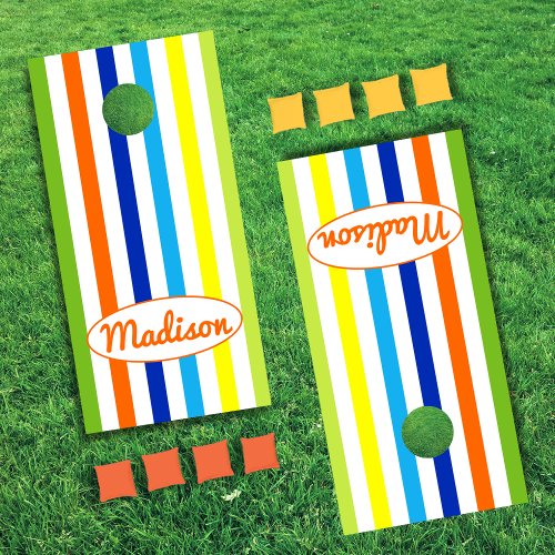 Modern Hot Orange Green Blue Yellow Stripes Cornhole Set