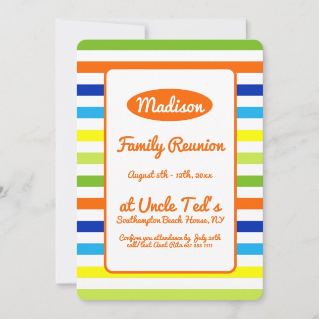 Modern Hot Orange Summer Stripes Family Reunion Invitation (Front)