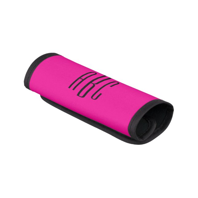 Modern Hot Pink and Black Three Letter Monogram Luggage Handle Wrap (Angled)