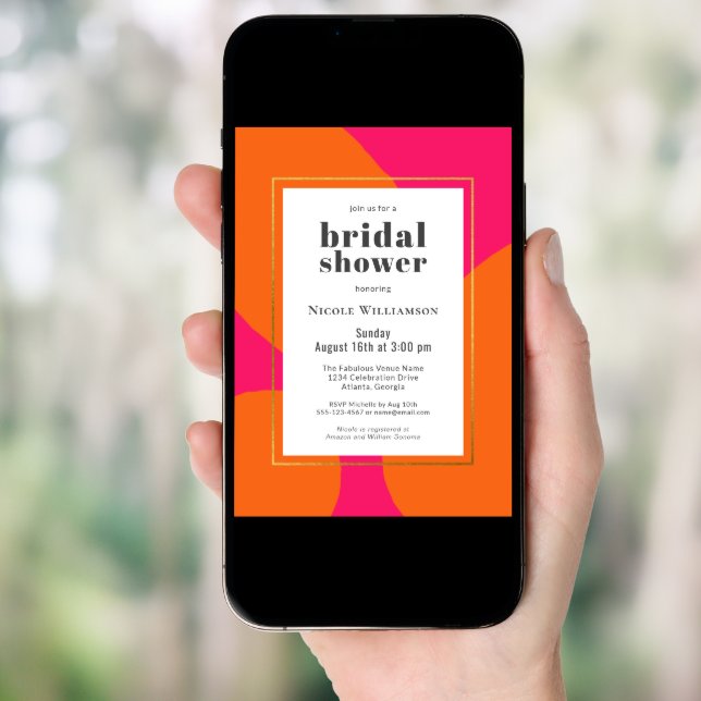 Modern Hot Pink and Orange Abstract Bridal Shower Invitation (Front Digital)